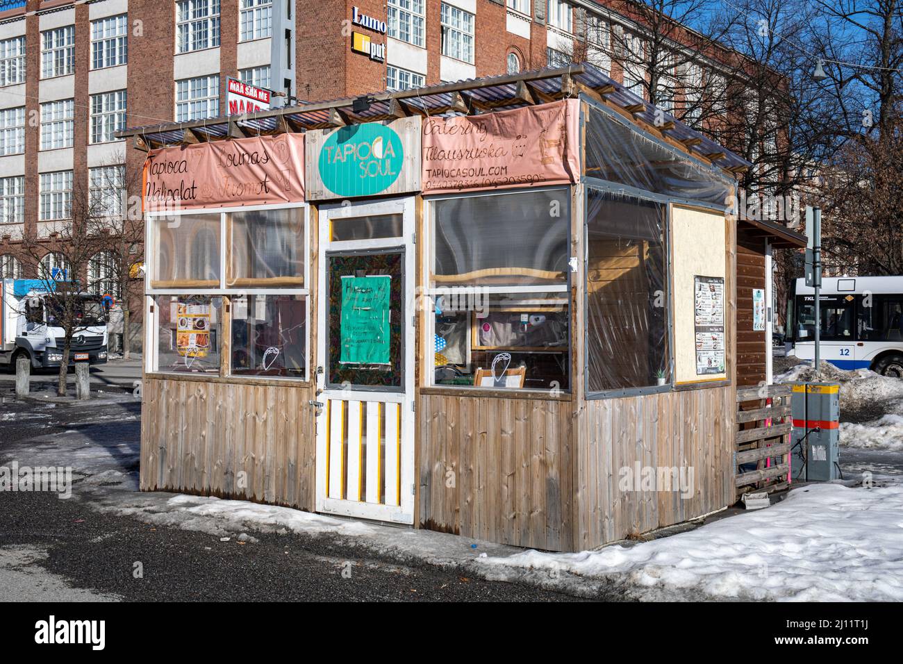 Tapioca Soul, Brazilian street food hut on Tammelan tori or market square in Tampere, Finland Stock Photo