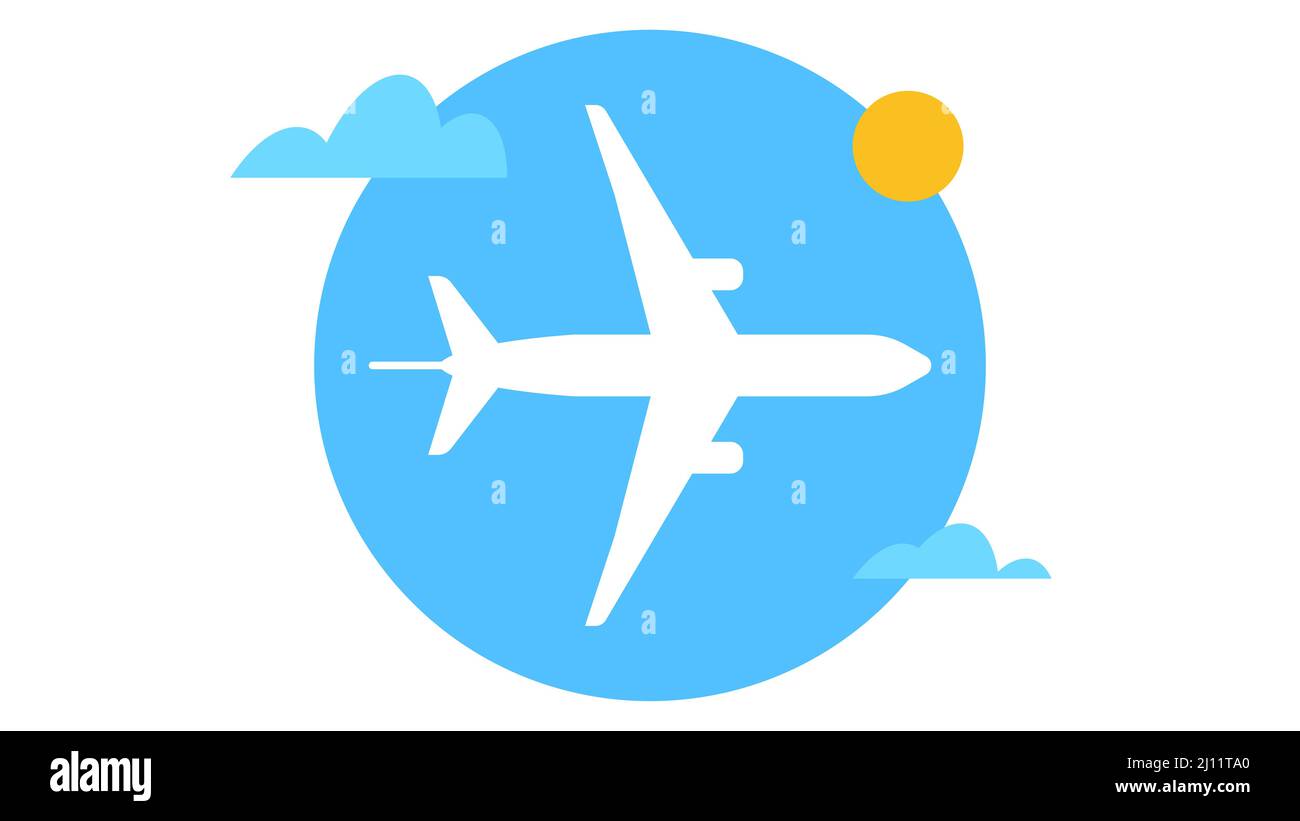 Airplane flying high in the sky. Airplane, sun and clouds icon. Vector modern illustration. Concept of flight, adventure, air travel. Stock Vector