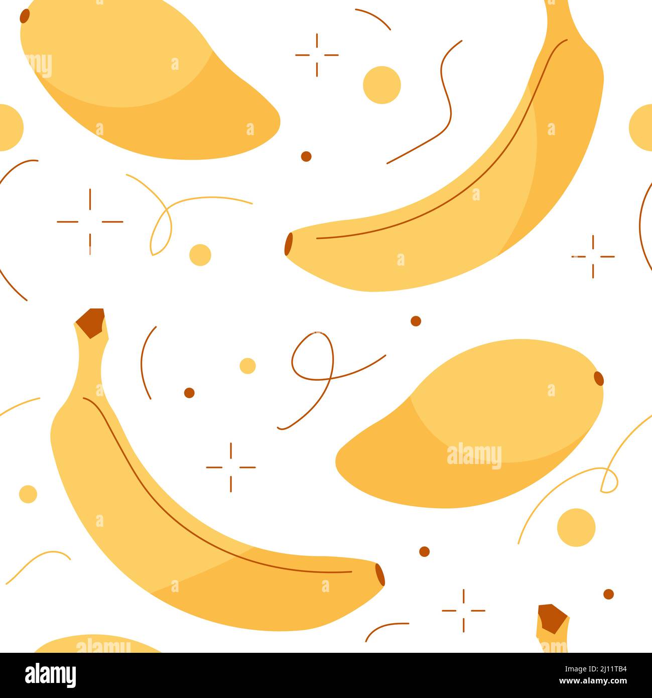 Tropical fruit pattern: mango with banana and decor. Yellow seamless vector pattern. Stock Vector