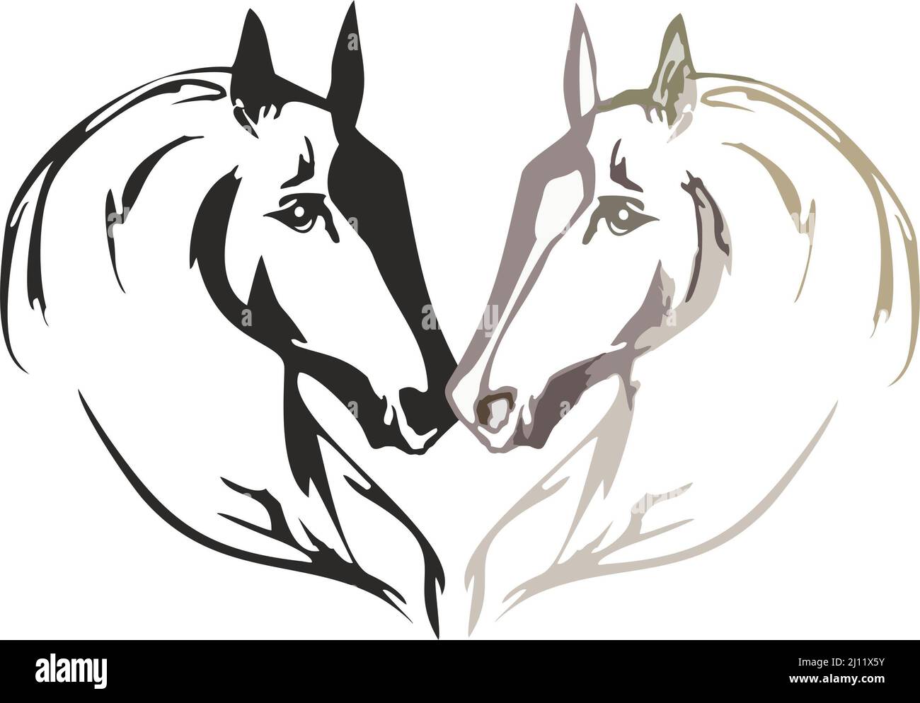 Two horse head in heart form on white for your design. Heartshaped