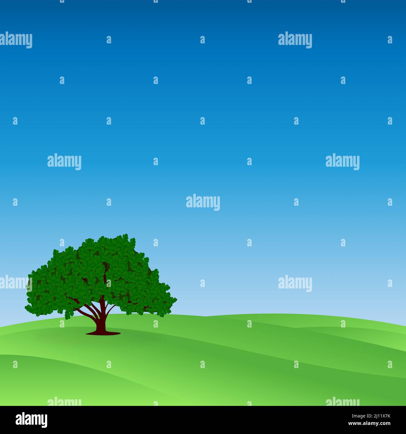 Illustration of an oak tree in a field of rolling green hills with blue sky Stock Photo