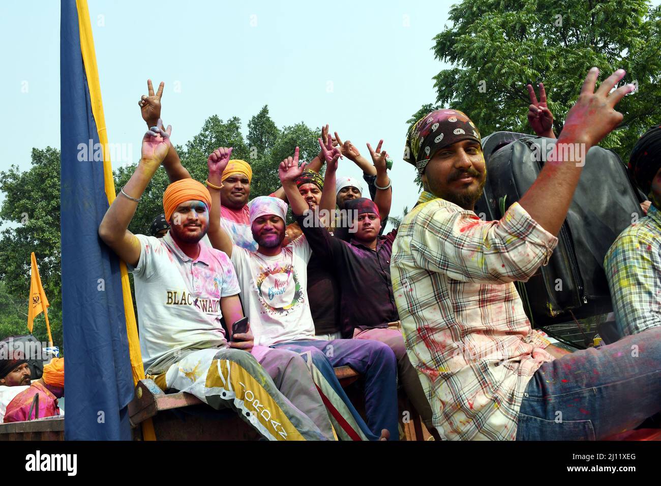 People attend the Hola Mohalla Color Festival in Anandpur Saheb Punjabi,  India on March 18, 2022. Holla Mohalla is a Sikh festival celebrated in the  month of Phalguna, a day after Holi. (