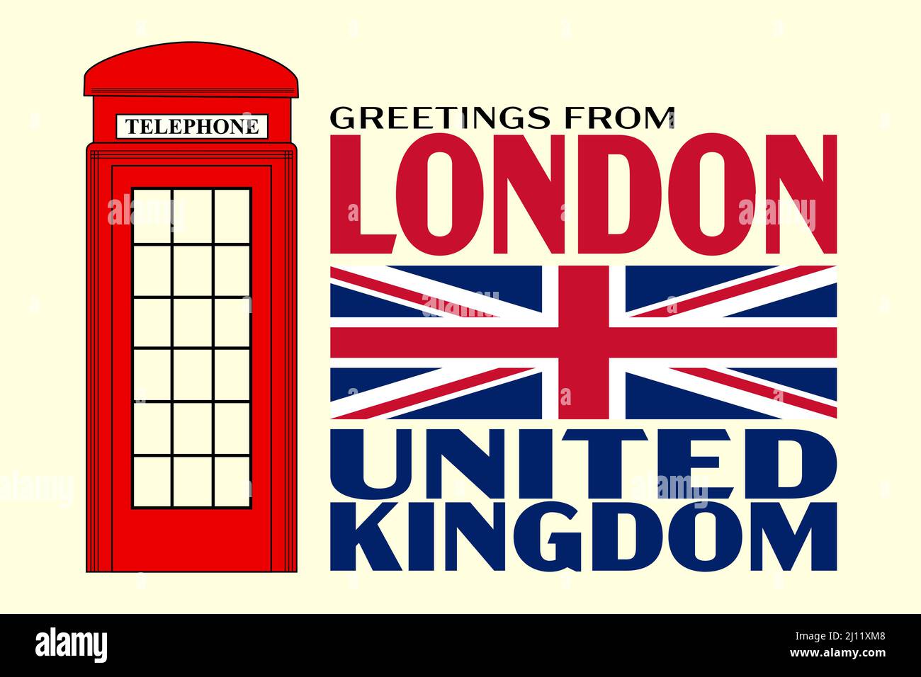 Greetings from London United Kingdom with the Union Jack flat and a red telephone booth Stock Vector