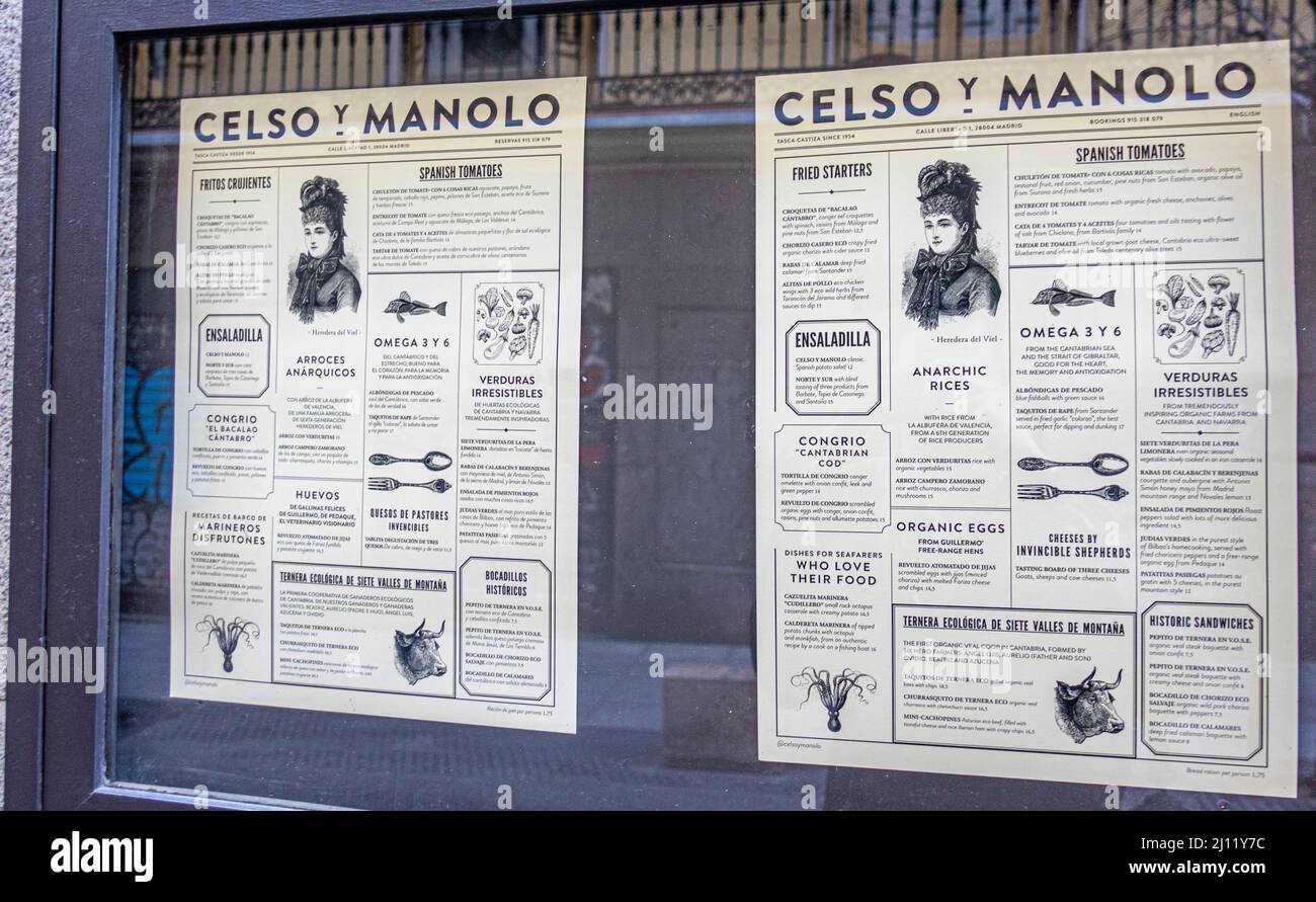 Outdoor menu of Tasca Celso y Manolo restaurant offering tapas