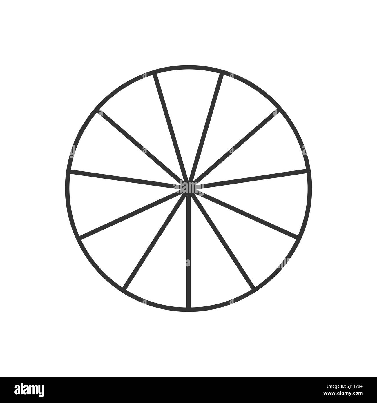 Circle divided in 11 segments. Pie or pizza round shape cut in eleven equal slices in outline style. Simple business chart template isolated on white background. Vector linear illustration Stock Vector