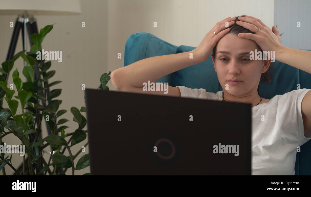 Authentic Stressful Woman working Chatting On Laptop Living Room ...