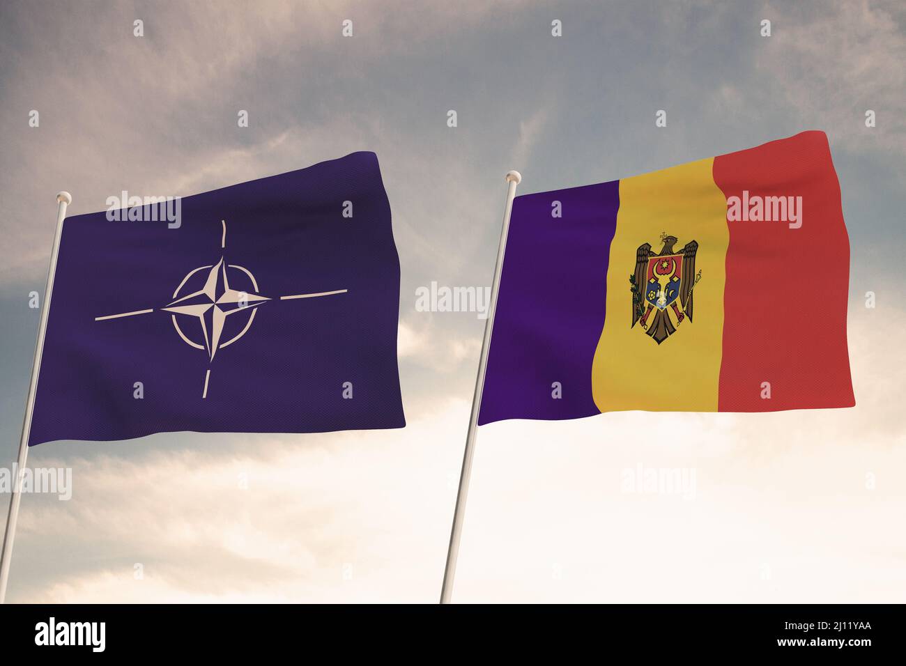Flags of NATO and MOLDAVA waving with cloudy blue sky background,3D rendering WAR Stock Photo