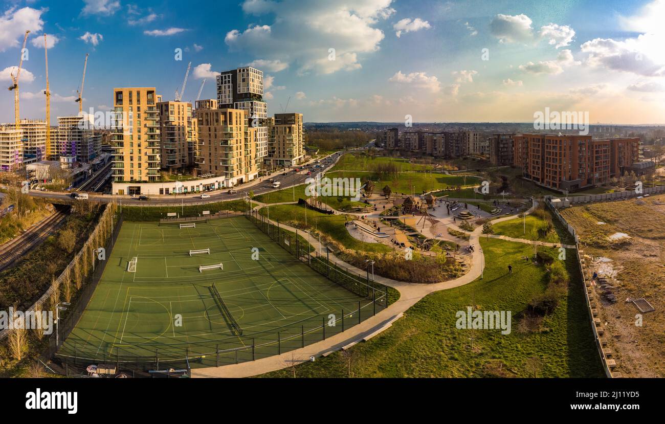 Aerial drone panoramic image of Kidbrooke Village, London, UK Stock