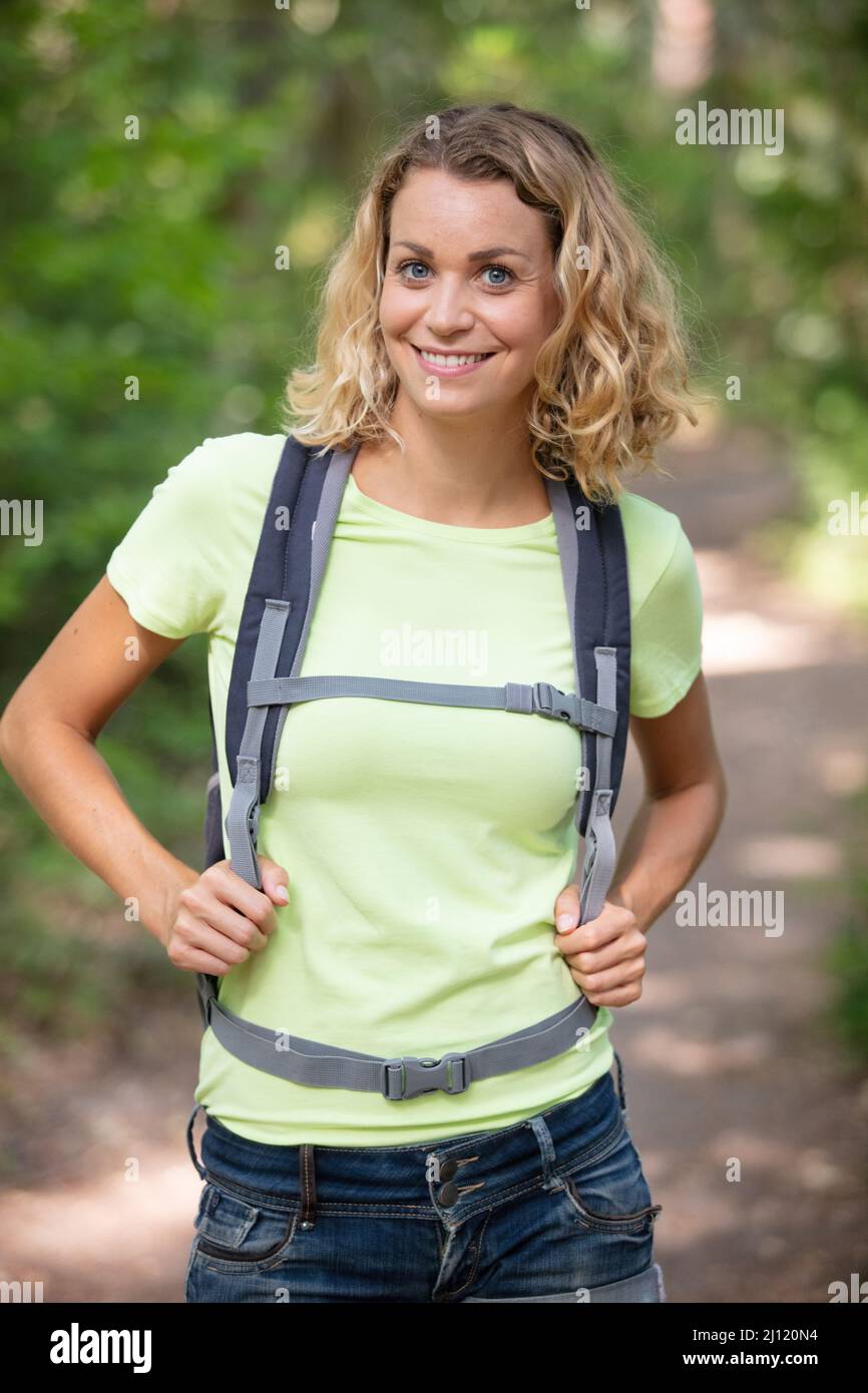 Happy Woman Hiking In The Woods Stock Photo Alamy