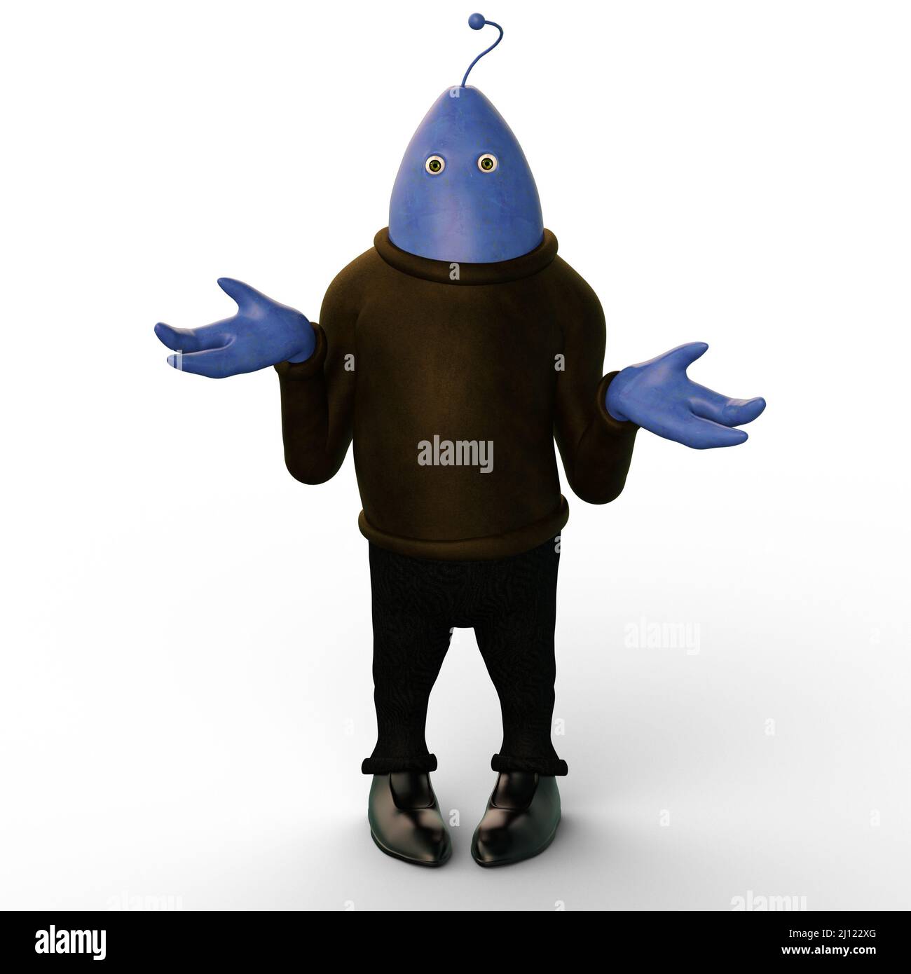 3d-illustration of a funny isolated scifi fish alien with turtleneck sweater excusing Stock Photo