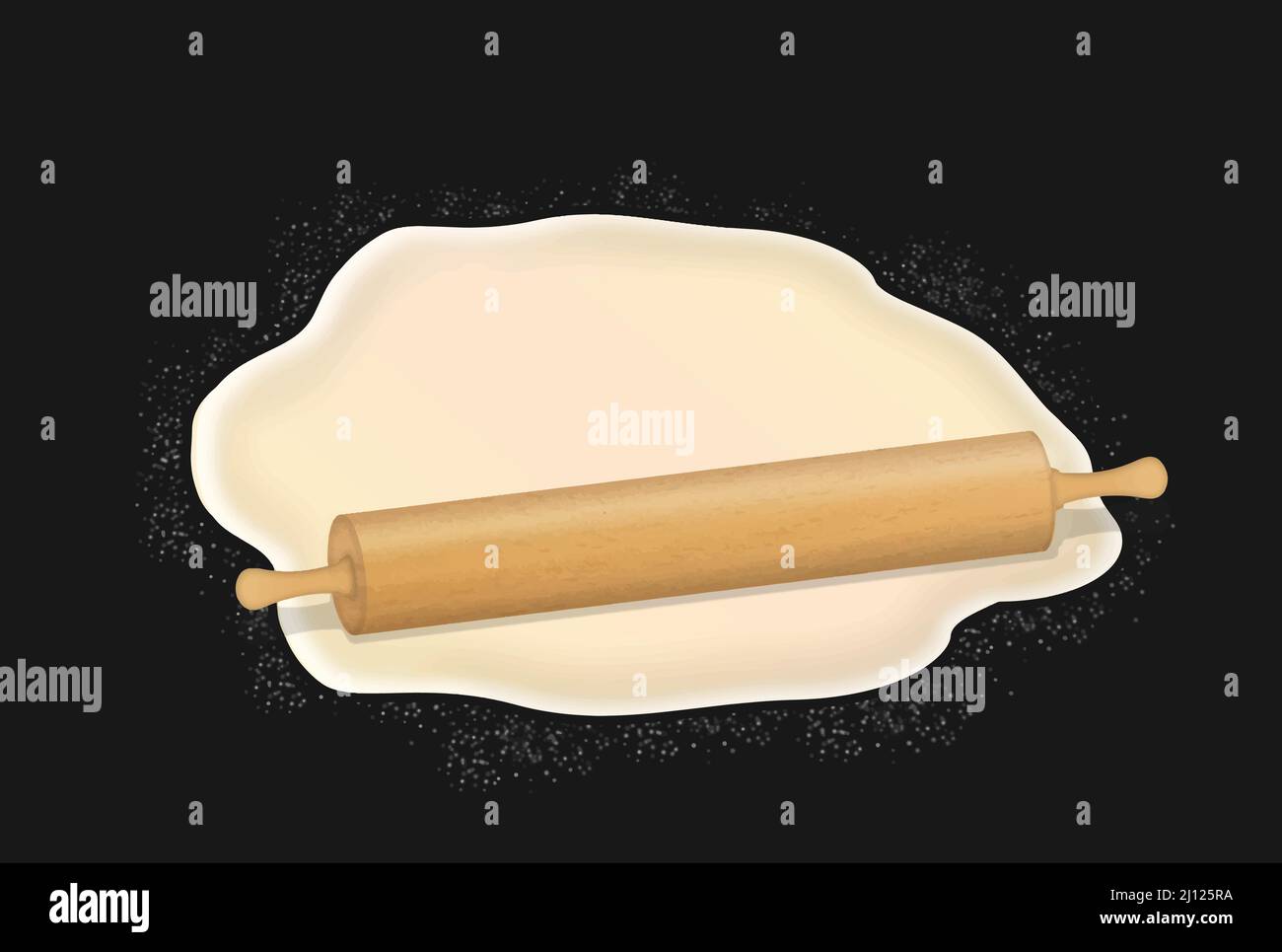 Rolling pin and pastry dough with flour on dark background. Concept