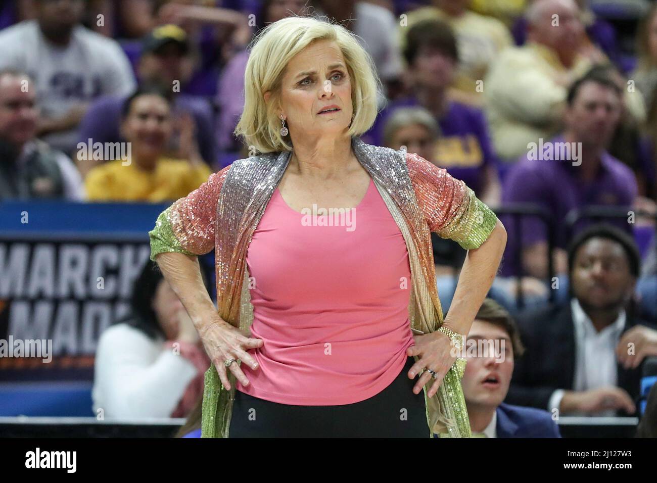 March 21, 2022 LSU Head Coach Kim Mulkey looks on as her team plays