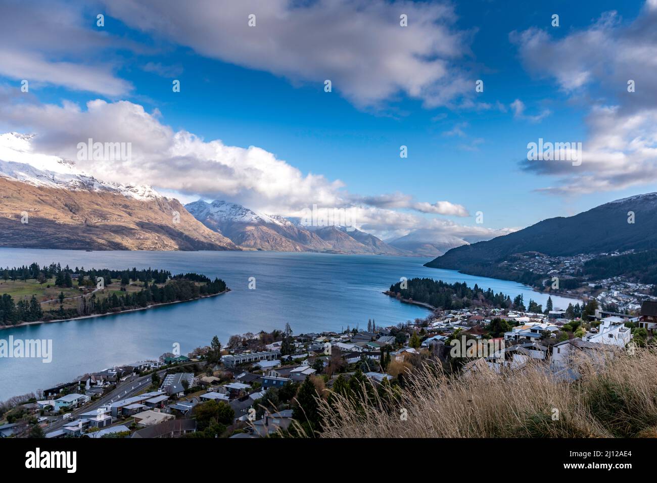 Queenstown and Lake Waktipu view from hilltop Stock Photo
