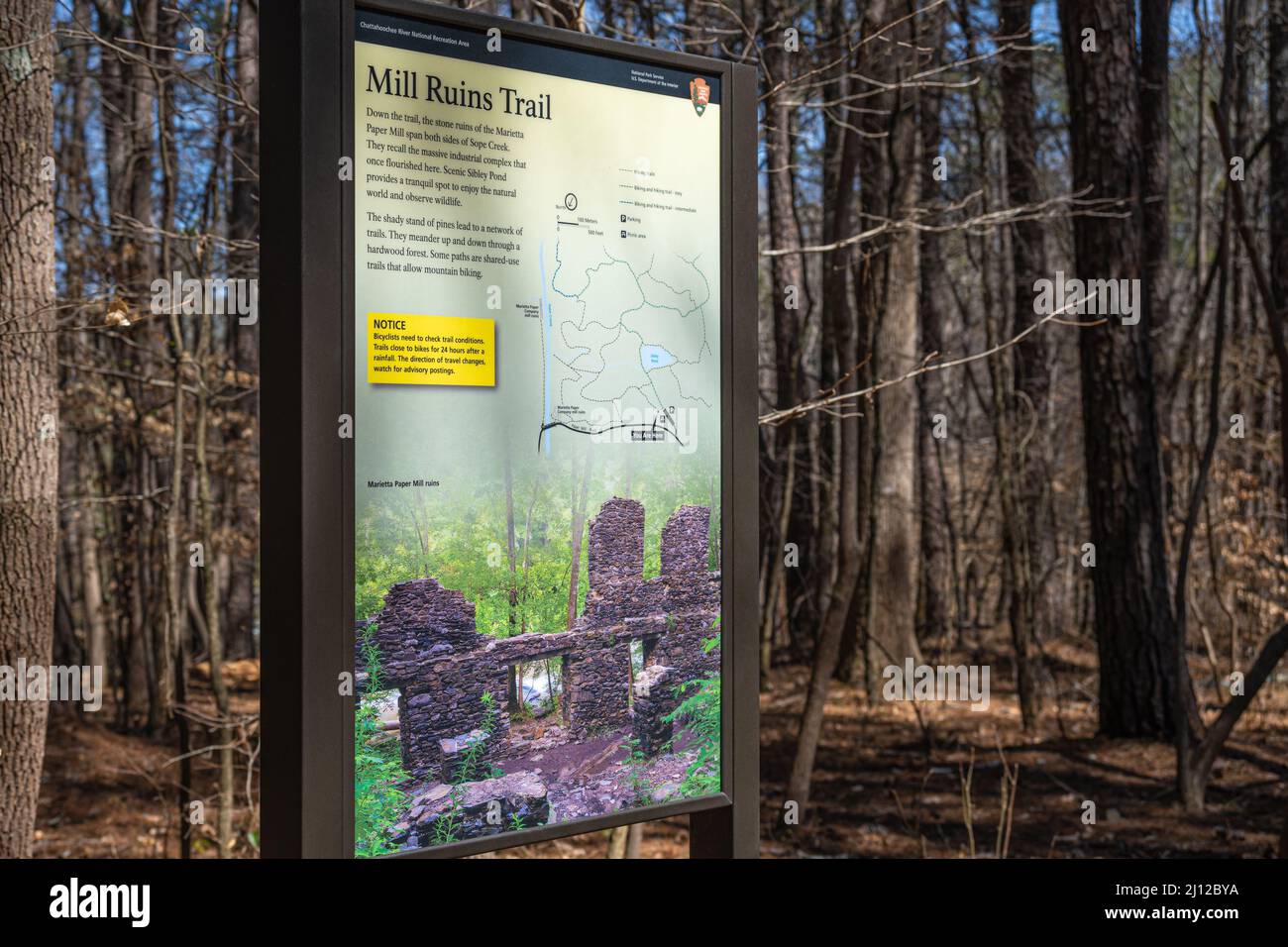 National Park Service informational sign for the Mill Ruins Trail to Sope Creek Paper Mill Ruins in Marietta, Georgia. (USA) Stock Photo