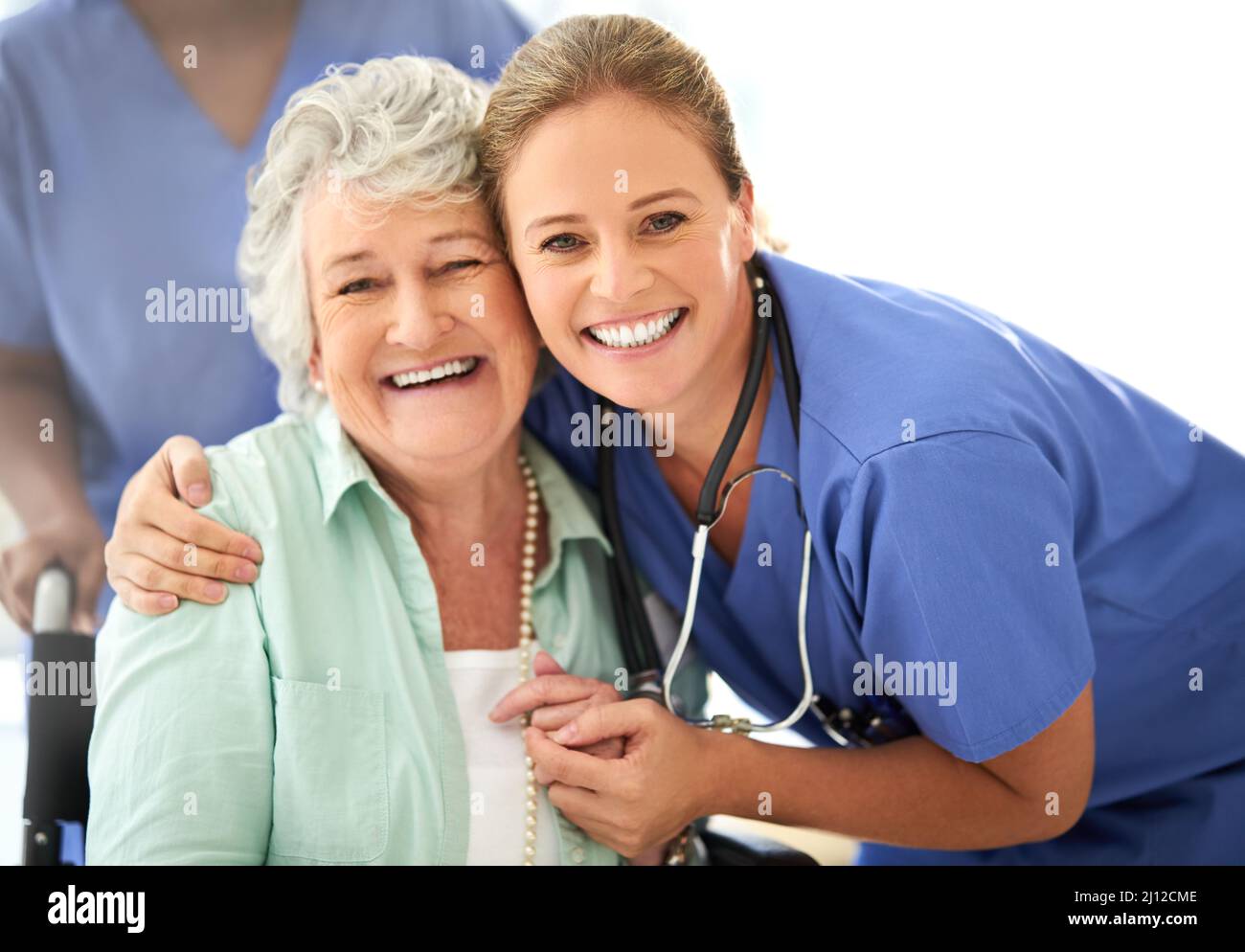 She has been my absolute favourite patient. Cropped portrait of an attractive female nurse and her senior patient in the hospital. Stock Photo