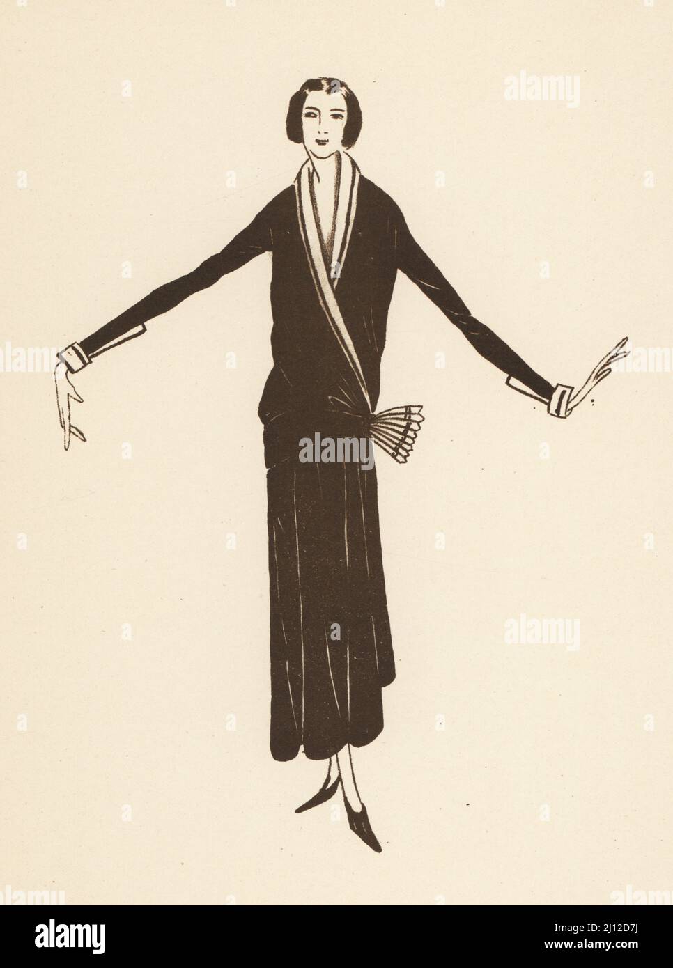 Fashionable woman in a kimono-style coat dress, 1920s. Robe manteau de Jean  Patou. Lithograph by Marcel Bry after a sketch by Jean Patou from Raymonde  See's Le Costume de la Revolution a