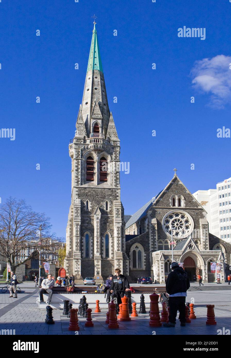The game of Chess being played in front of Christ Church Cathedral, which was designed by Sir George Gilbert Scott and was constructed in the 1860s. Stock Photo