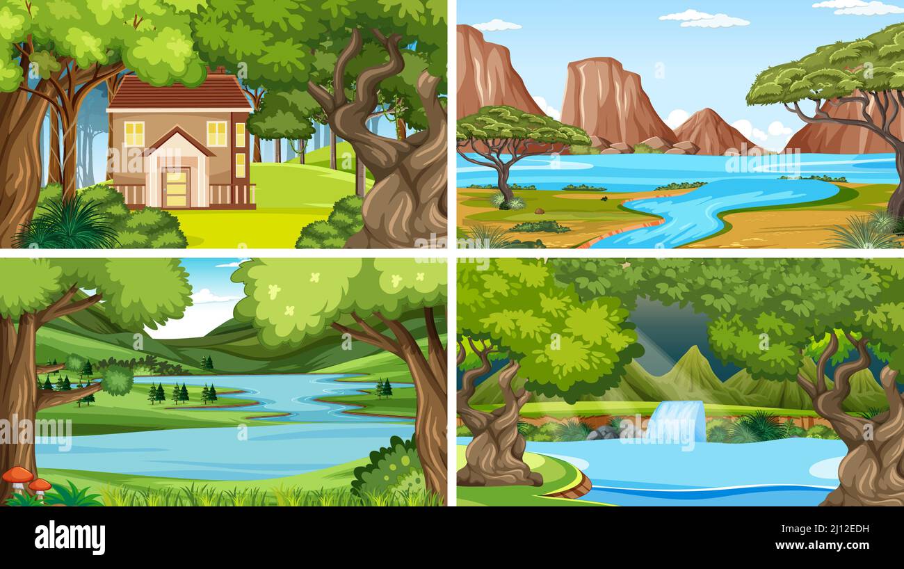 Nature scene with many trees and river illustration Stock Vector Image ...