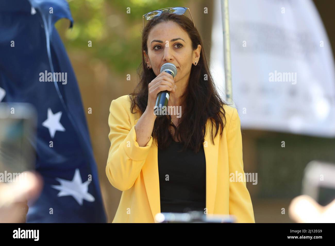 Sydney, Australia. 22nd March 2022. Protesters against vaccine mandates held a rally outside the NSW State Parliament building on Macquarie Street. Pictured: Vanessa Hadchiti, UAP (United Australia Party) candidate for the Sydney federal electorate. Credit: Richard Milnes/Alamy Live News Stock Photo