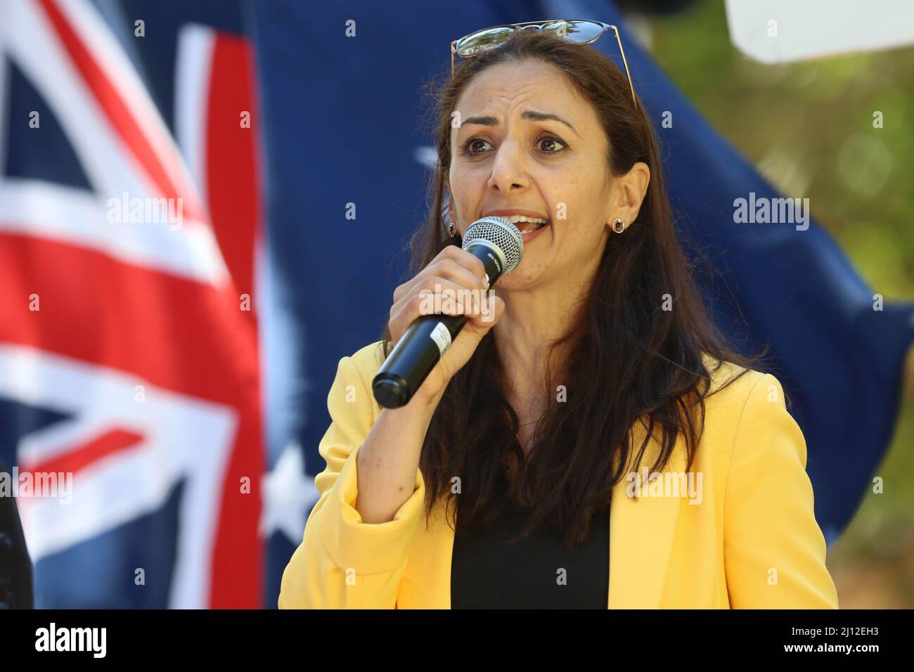 Sydney, Australia. 22nd March 2022. Protesters against vaccine mandates held a rally outside the NSW State Parliament building on Macquarie Street. Pictured: Vanessa Hadchiti, UAP (United Australia Party) candidate for the Sydney federal electorate. Credit: Richard Milnes/Alamy Live News Stock Photo