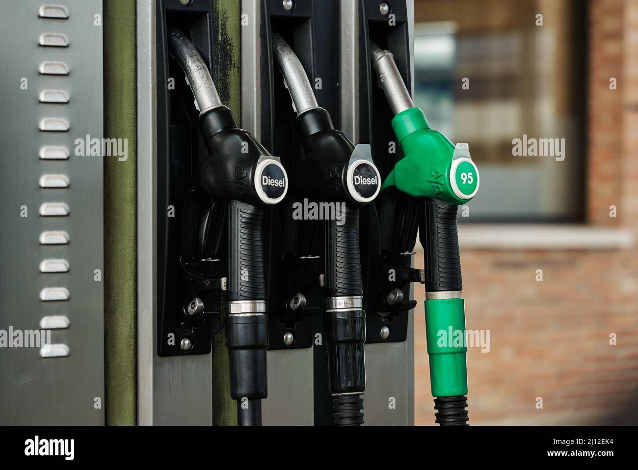 different pumps in a gas station Stock Photo