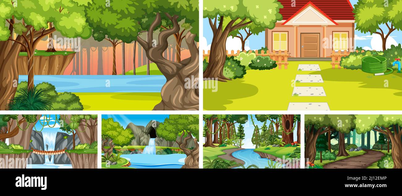 Nature scene with many trees and waterfall illustration Stock Vector ...