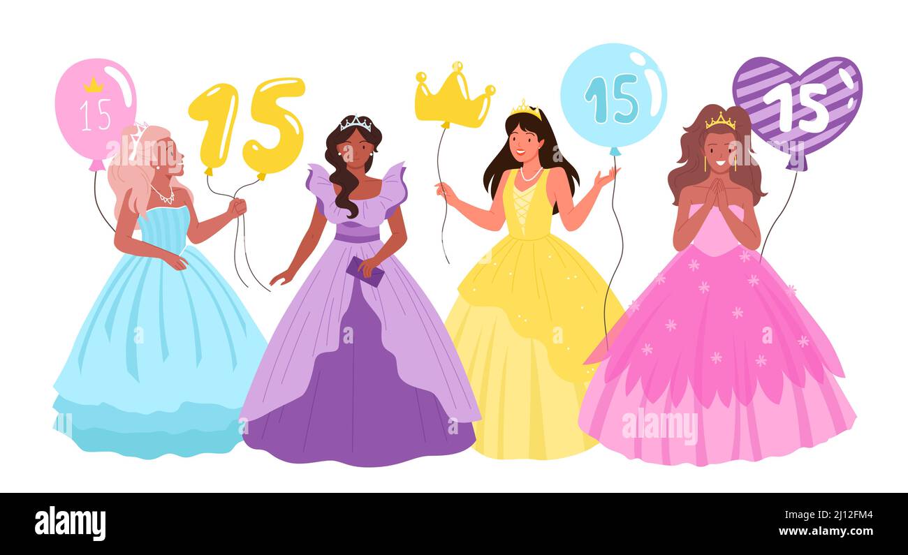 Quinceanera, birthday party with pretty girls, teen female characters in princess dresses Stock Vector