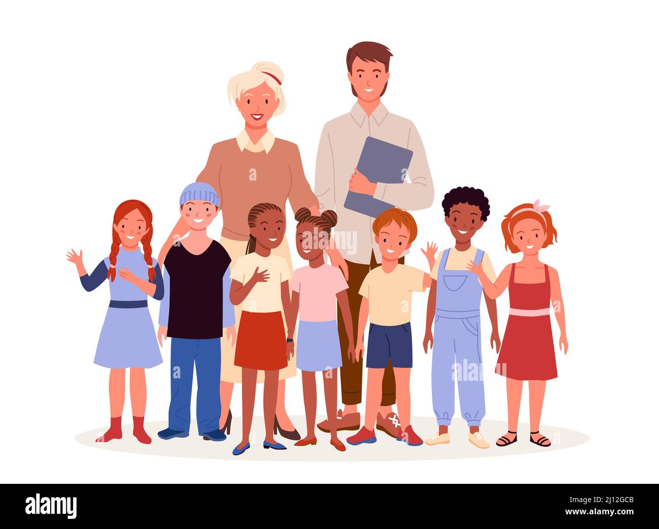 Cartoon female educator standing with happy young students, group of cute kids smiling and cheerful pupils waving with fun. Primary education concept Stock Vector