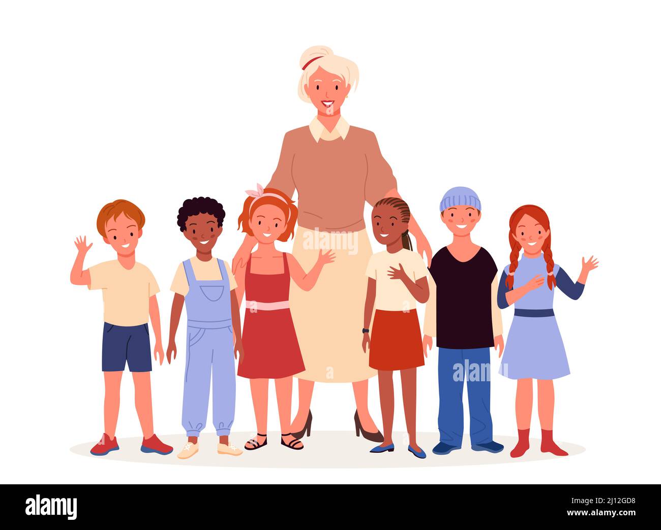 Teacher and school children, female educator standing with group of cute young students Stock Vector