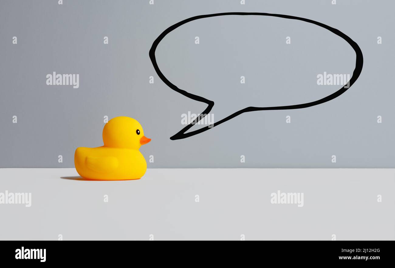 Yellow toy rubber duck with a blank empty a speech bubble Stock Photo ...