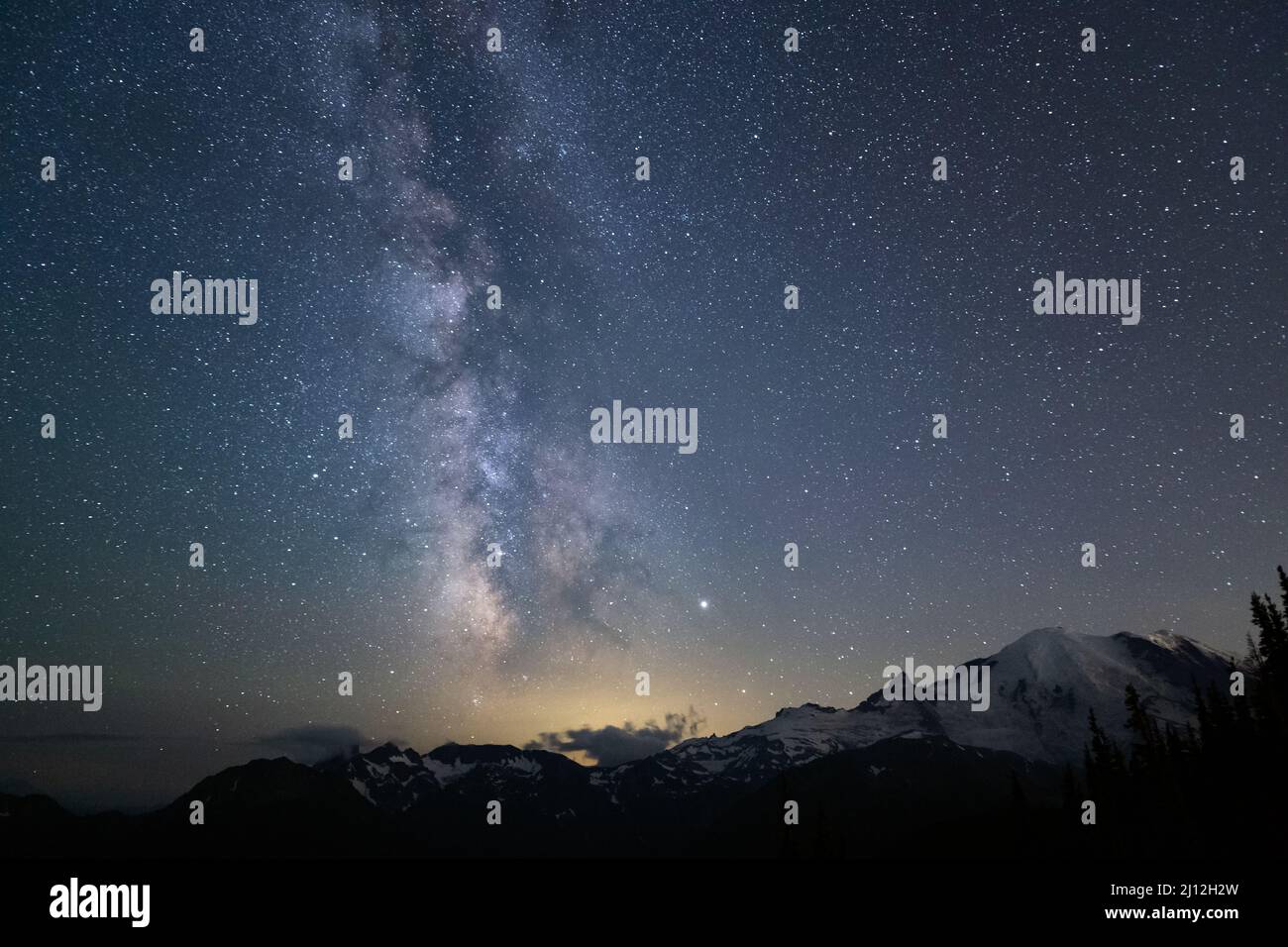 The Milky Way over Mt. Rainier in Mt. Rainier, National Park, Washington Stock Photo