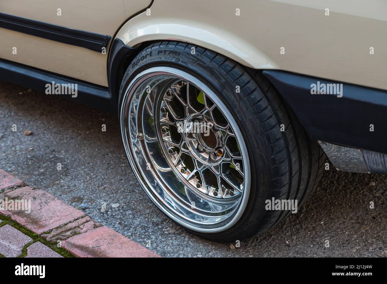 Antalya; Turkey – March 04 2022:      Car wheel on  beige  car - close up Stock Photo