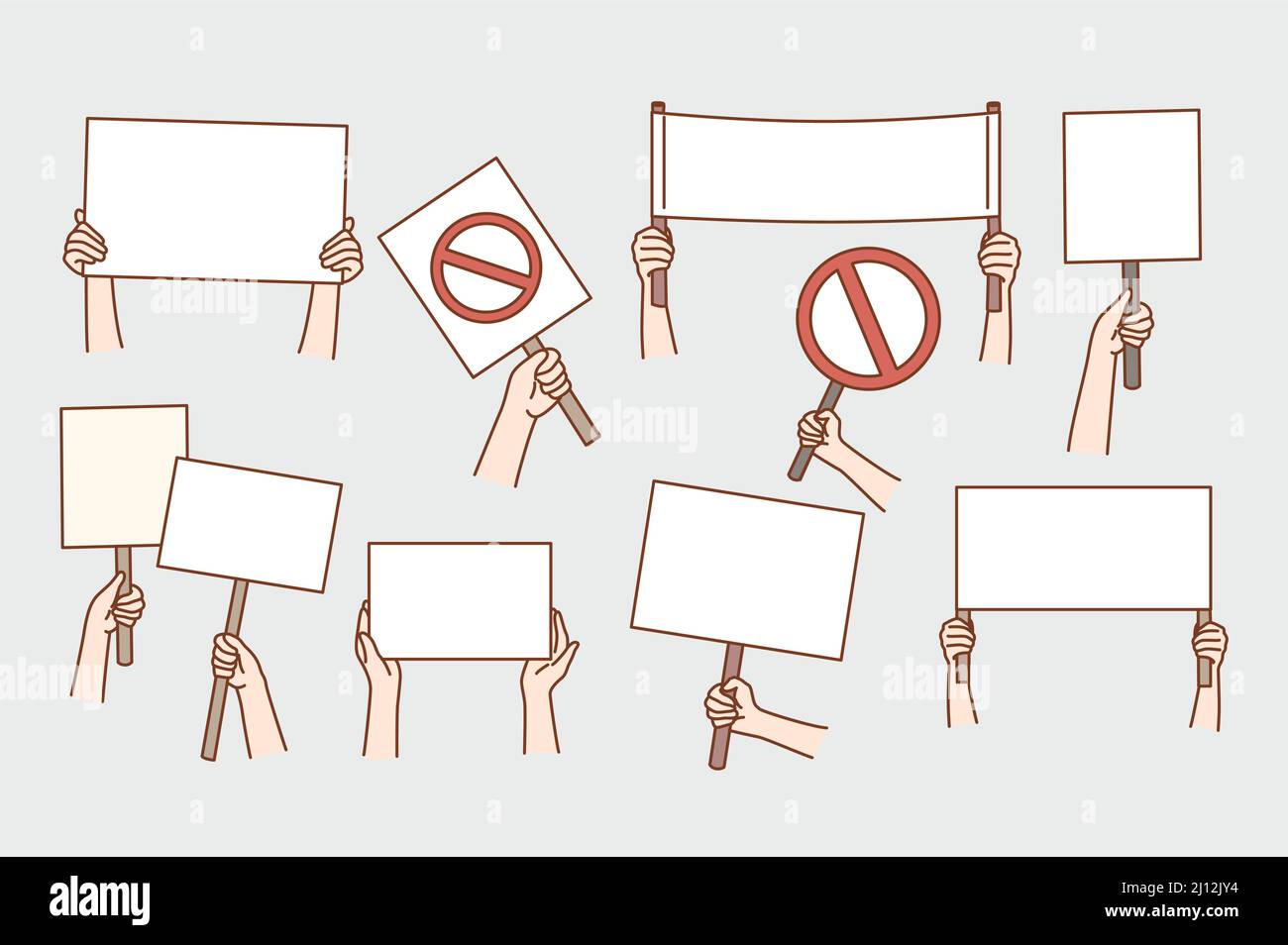 Set of people show banners with empty blank space for advertising. Collection of demonstrators or activists with mockup placards on meeting protesting. Freedom of speech. Vector illustration.  Stock Vector