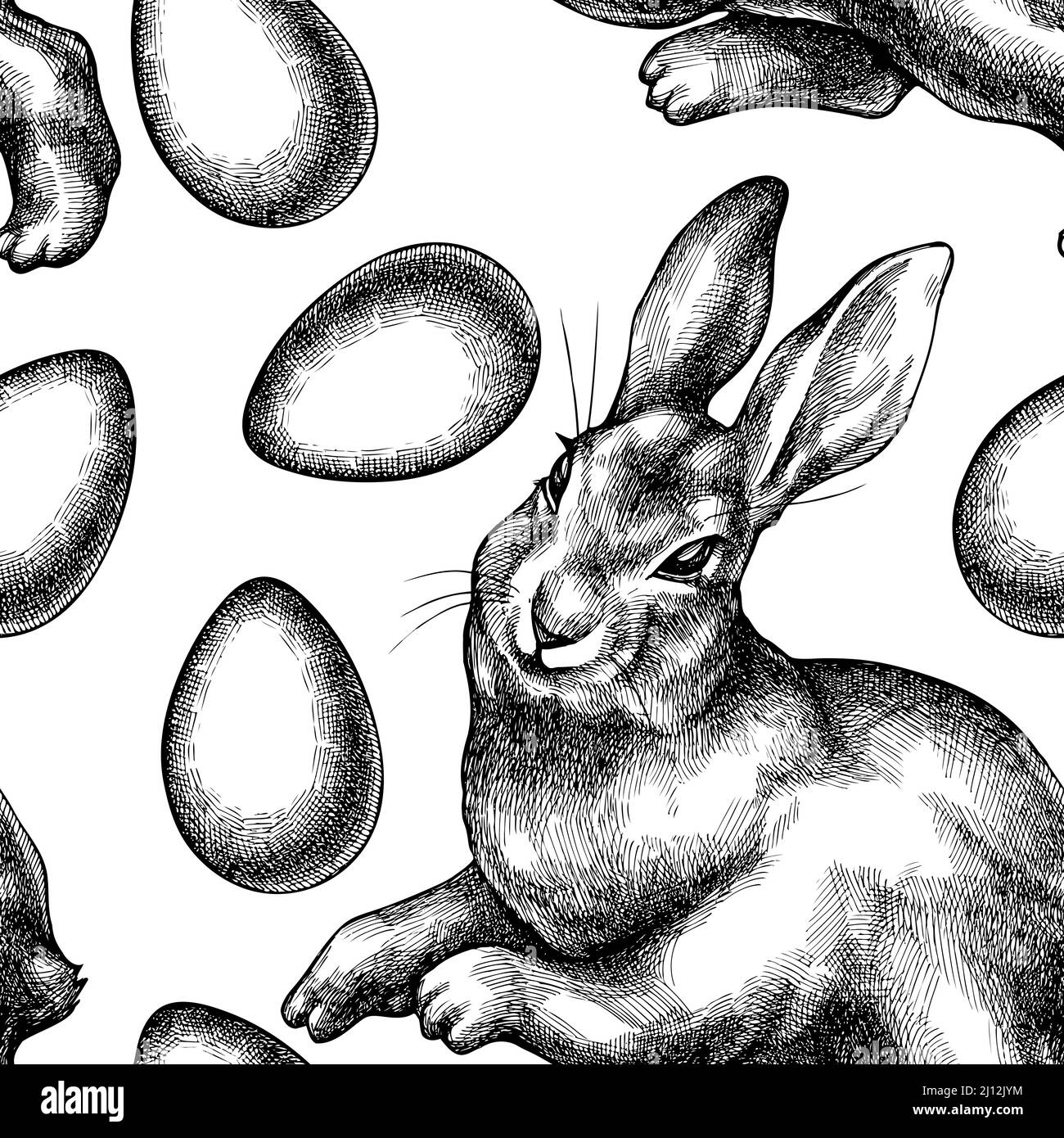 Easter seamless pattern background design. Engraved style. Hand drawn eggs, rabbit. Stock Vector