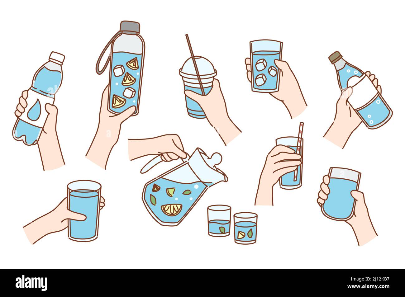 Set of people hold glasses and bottles with lemon and ice. Collection of person feel thirsty dehydrated enjoy cold clear pure water. Hydration and healthy lifestyle. Vector illustration.  Stock Vector