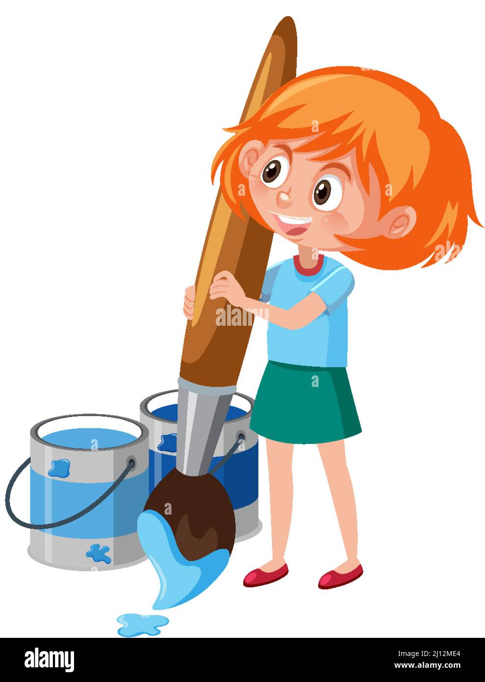 Cartoon girl holding brush with blue colour illustration Stock Vector ...