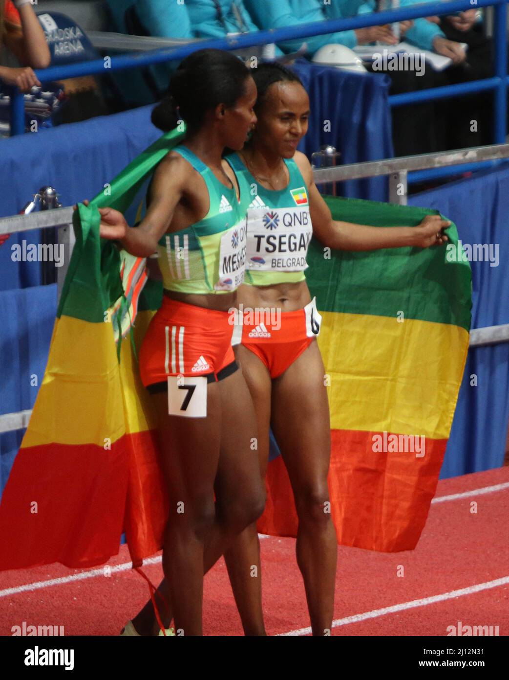 Gudaf TSEGAY and Axumawit EMBAYE of Ethiopie Finale 1500 M Women during the World Athletics Indoor Championships 2022 on March 19, 2022 at Stark Arena in Belgrade, Serbia. Photo by Laurent Lairys/ABACAPRESS.COM Stock Photo