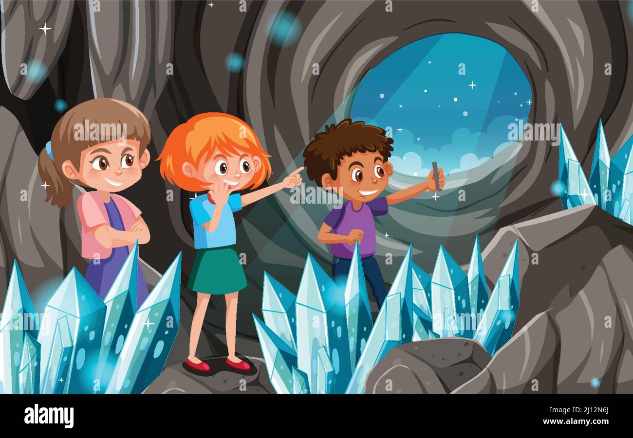 Crystal cave scene with explorer kids illustration Stock Vector Image