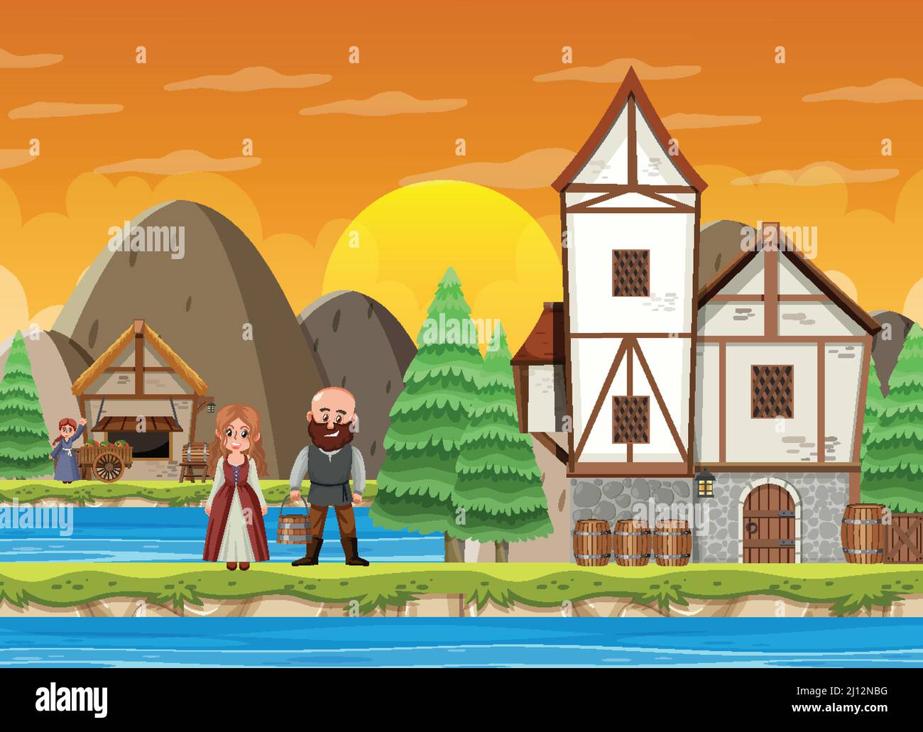 Medieval town scene with villagers illustration Stock Vector Image ...