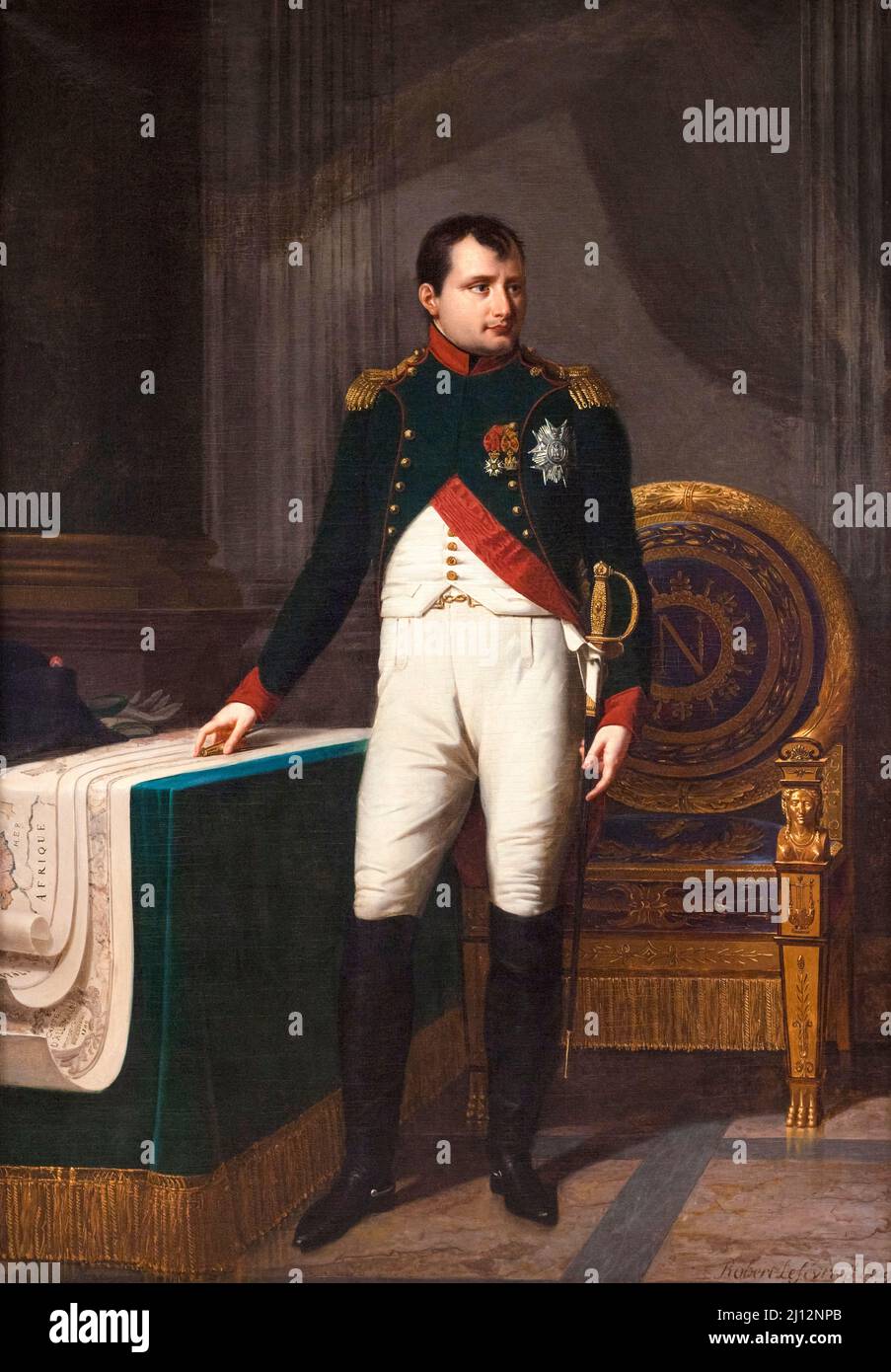 Portrait of Napoleon I (1769-1821) in the uniform of a Colonel of the Chasseurs de la Garde, oil on canvas portrait painting by Robert Jacques François Lefèvre, 1809 Stock Photo