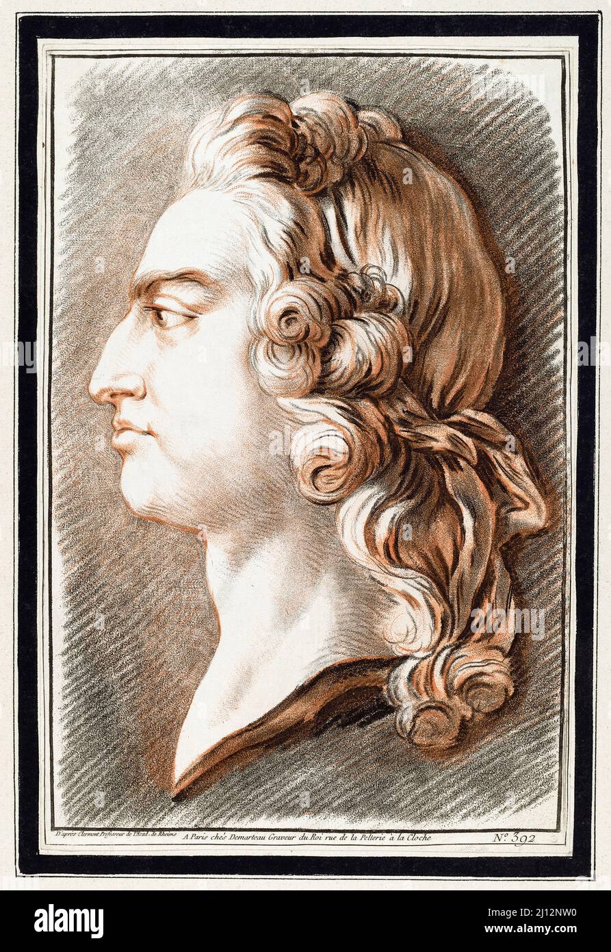 Portrait of Louis XV (1710-1774), King of France, chalk manner printed in red and black on laid paper  portrait drawing in profile by Gilles Demarteau the Elder, after Jean-François Clermont, before 1776 Stock Photo