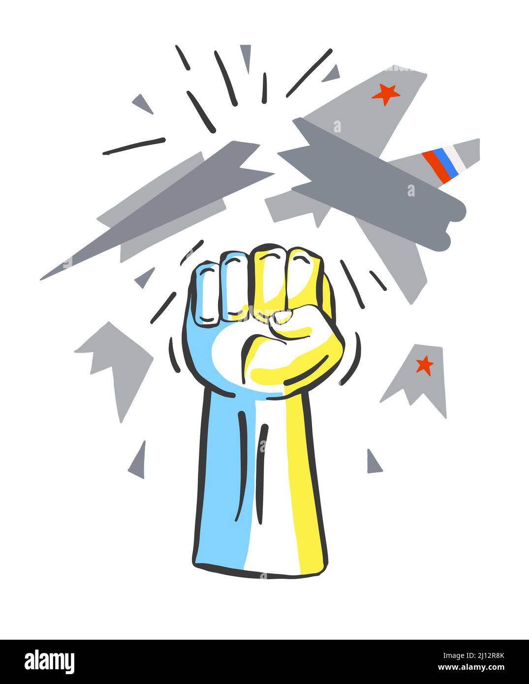 Hand sign in the colors of the Ukrainian flag destroys a Russian fighter Stock Vector