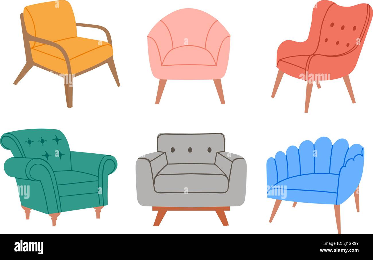Cartoon chairs. Colorful comfortable armchairs, stylish modern furniture for home interior and lounge halls Stock Vector