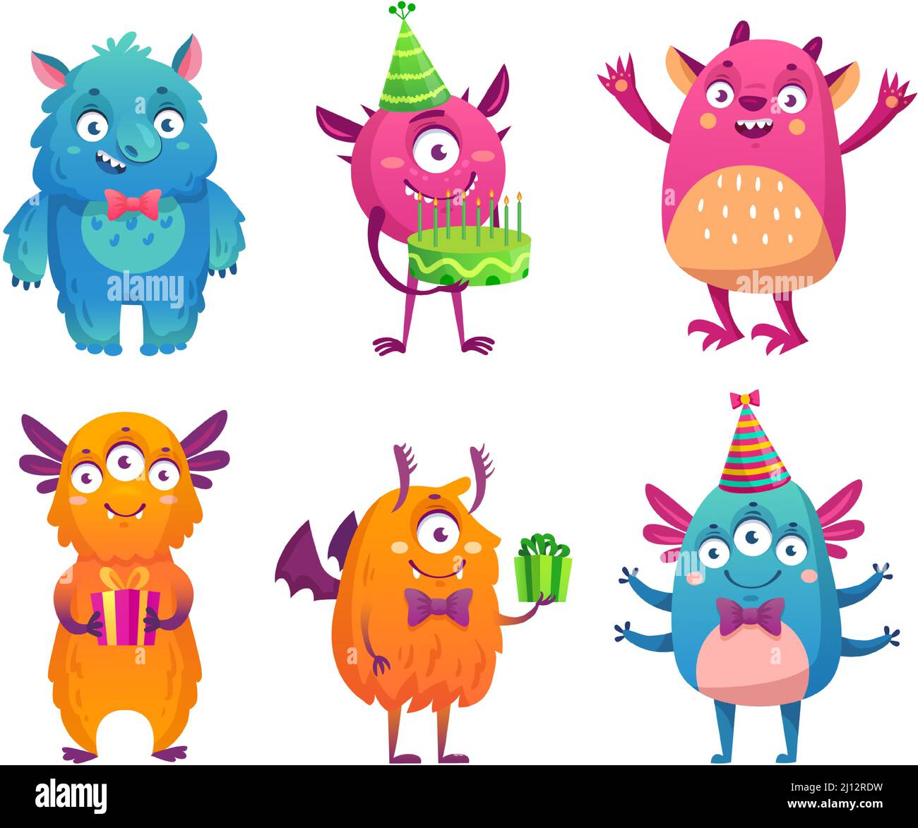 Cartoon party monsters celebrating happy event. Cute fluffy characters with friendly smiles holding birthday cake Stock Vector