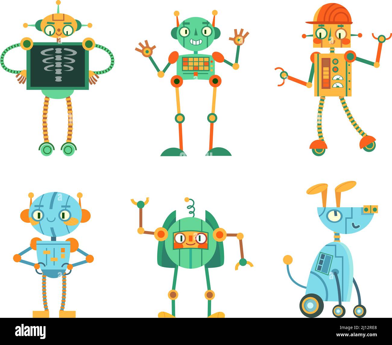 Cartoon robots, friendly characters with artificial intelligence. Innovative smart machines for kids, robotic dog Stock Vector
