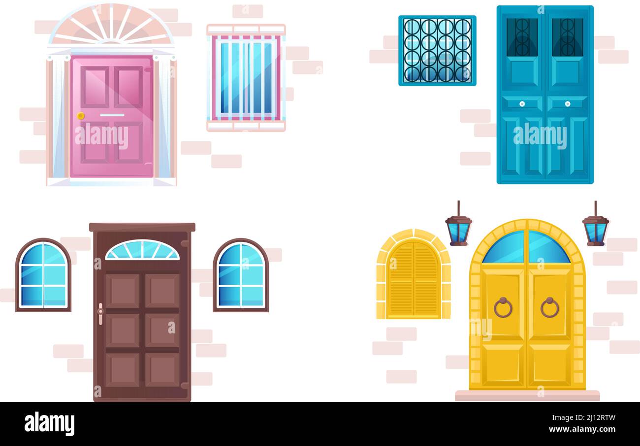 House facades with different doors and windows in brick wall. Vector ...