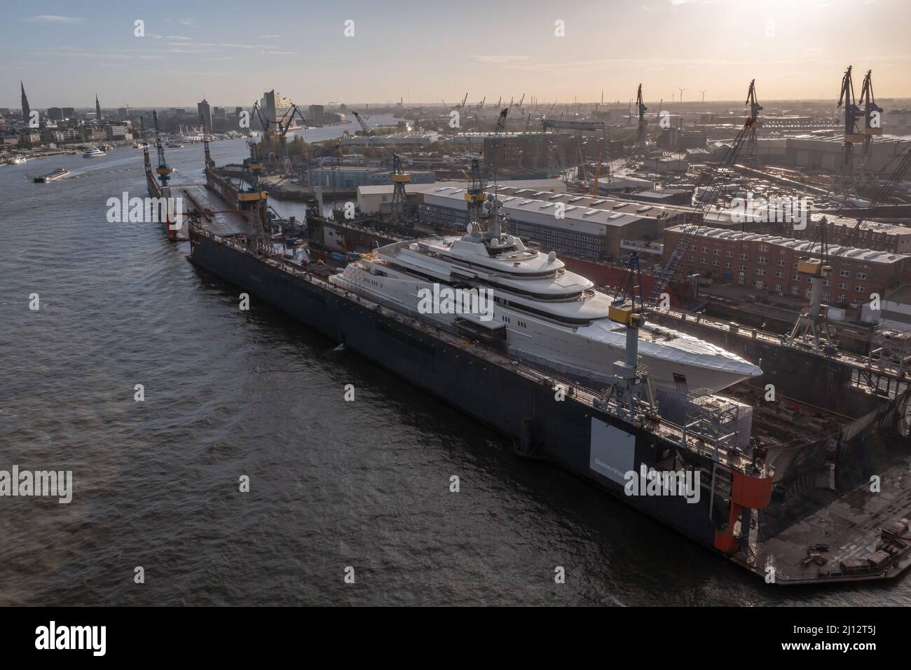 aerial view of the super yacht eclipse in the Blohm and Voss dock Stock Photo