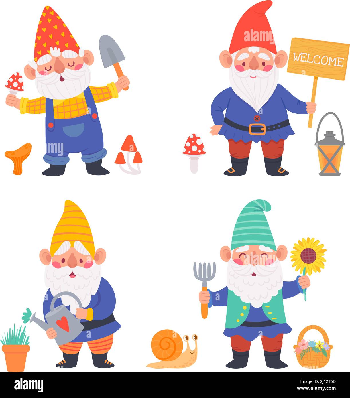Cartoon gnome characters. Cute dwarfs holding gardening tool as watering can and digging shovel. Adorable characters Stock Vector