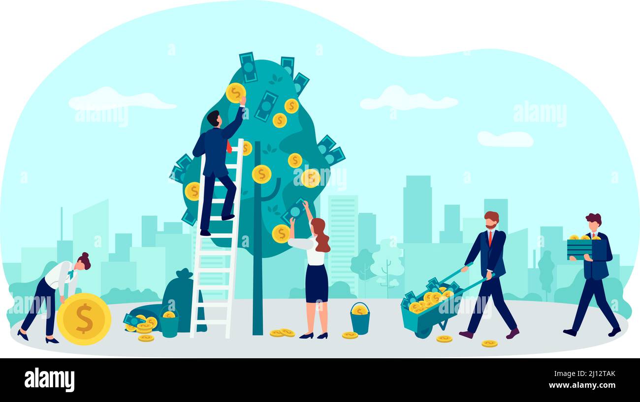 Investment concept. People growing money on trees. Businessman and woman picking cash from plants. Workers get financial profit Stock Vector