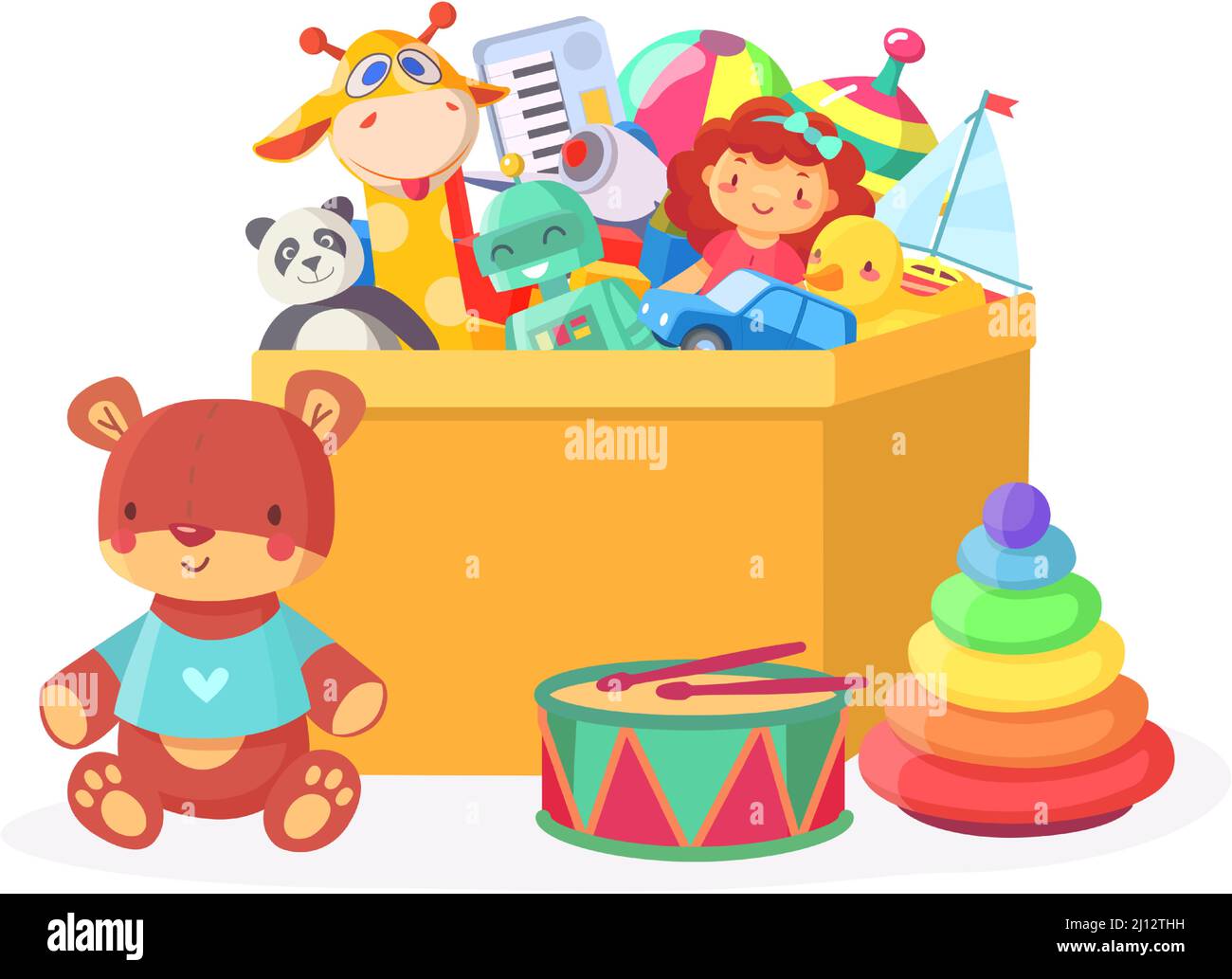 Kids toy box. Cartoon robot, doll, ball, teddy bear, giraffe, boat and panda in cardboard container for playroom Stock Vector